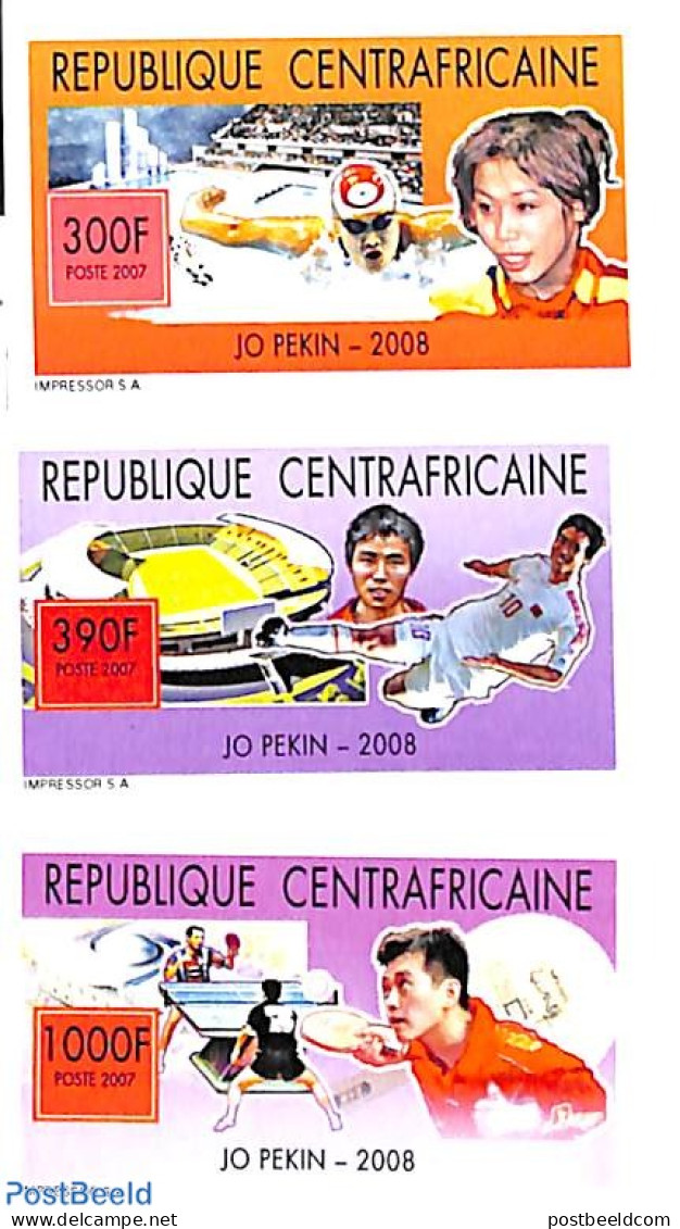 Central Africa 2007 Olympic Games 3v, Imperforated, Mint NH, Sport - Olympic Games - Swimming - Table Tennis - Nuoto