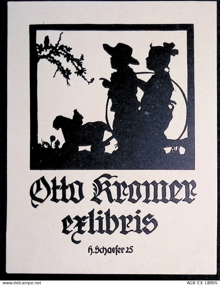 1925 EX LIBRIS HANS SCHAEFER X OTTO KROMER EXLIBRIS PROFILO BAMBINI GIOCO - Ex Libris