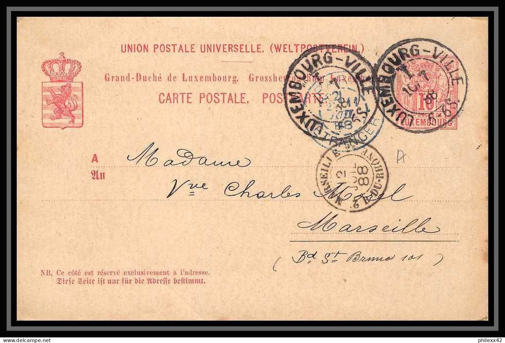 113986/ Entier Postal (Stationery) Luxembourg (luxemburg) Bouches Du Rhone 1888 Marseille Par Paris étranger - Proofs & Reprints