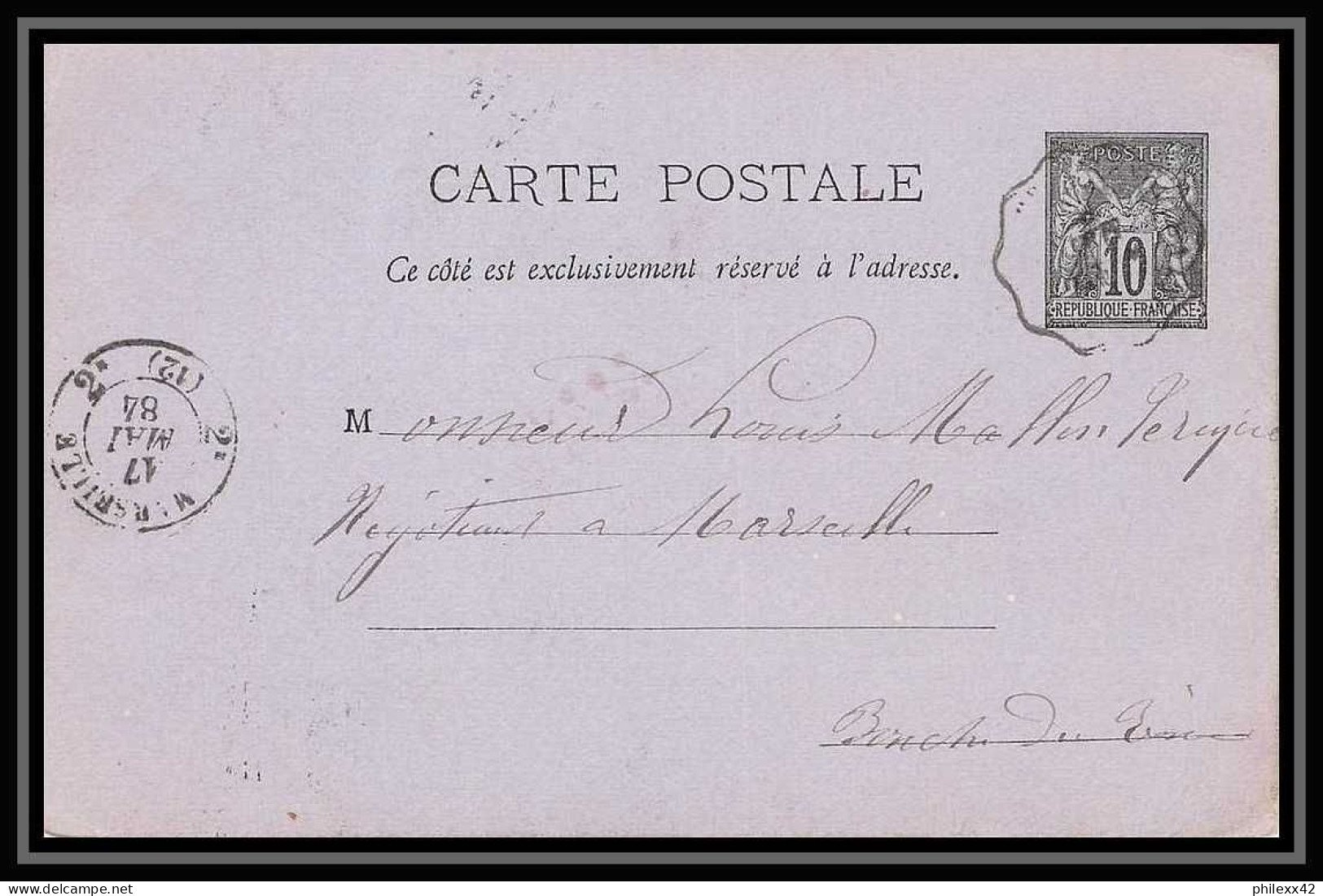 113988/ Entier Carte Postale Bouches Du Rhone Sage 10c Marseille 1884 Convoyeur - Cartes Postales Types Et TSC (avant 1995)