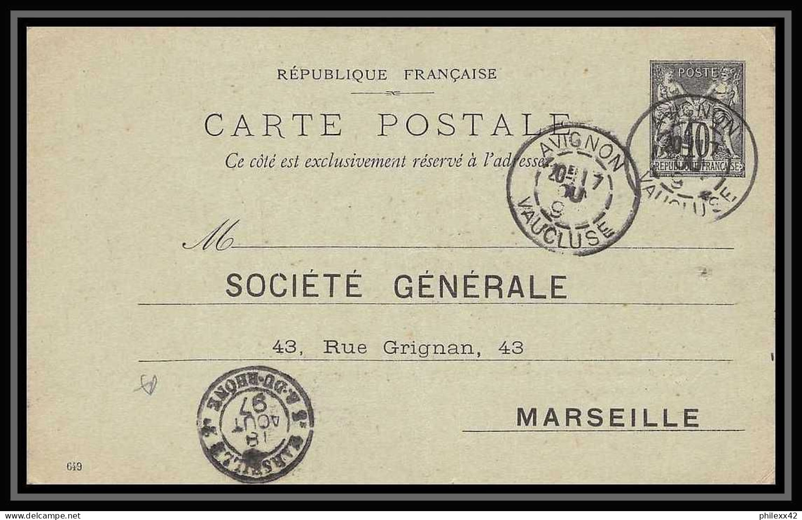 113984/ Entier Postal (Stationery) Repiquage Société Genérale Bouches Du Rhone 1897 Marseille - Overprinter Postcards (before 1995)