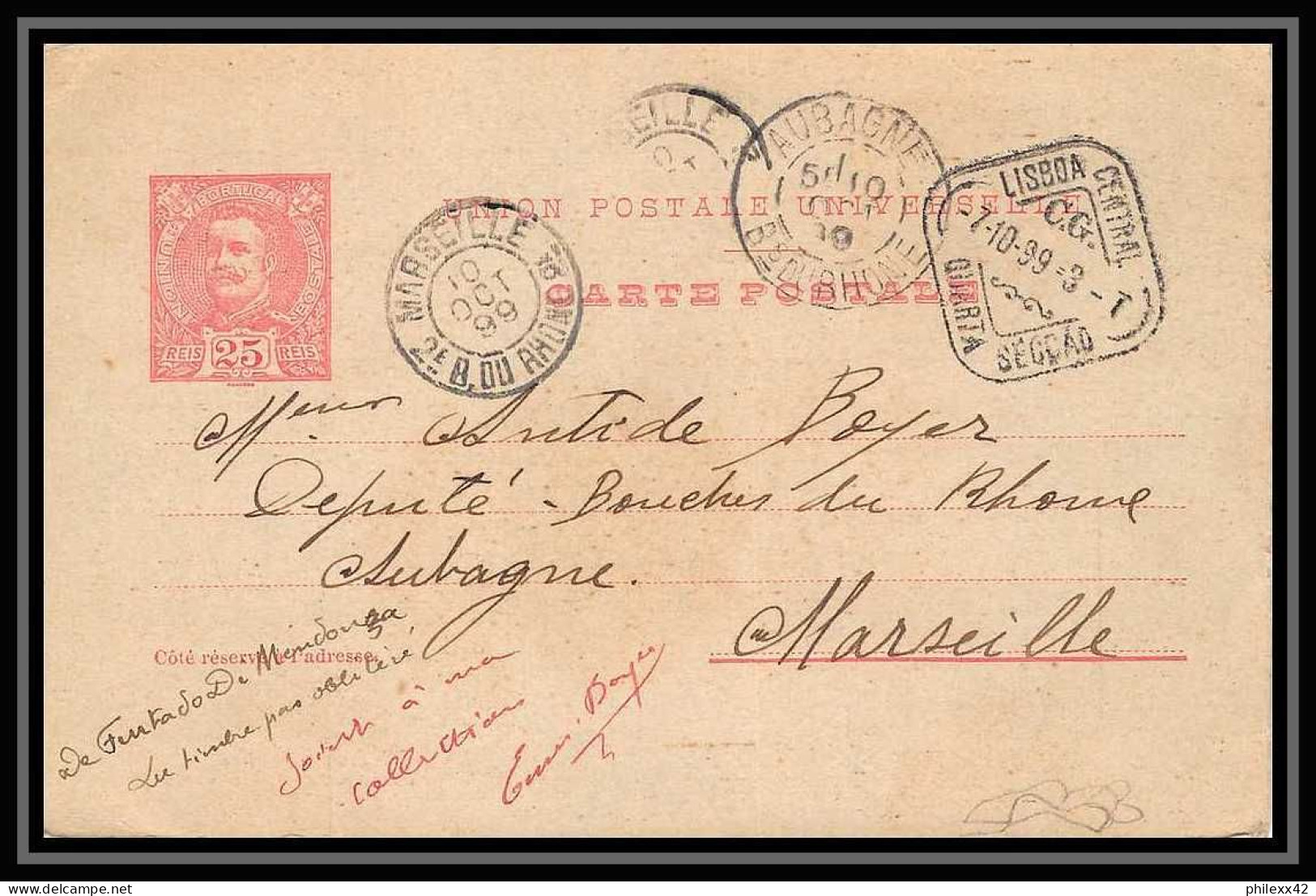113983/ Entier Postal (Stationery) Portugal Bouches Du Rhone Pour Marseille Lisboa Central 1899 - Postwaardestukken