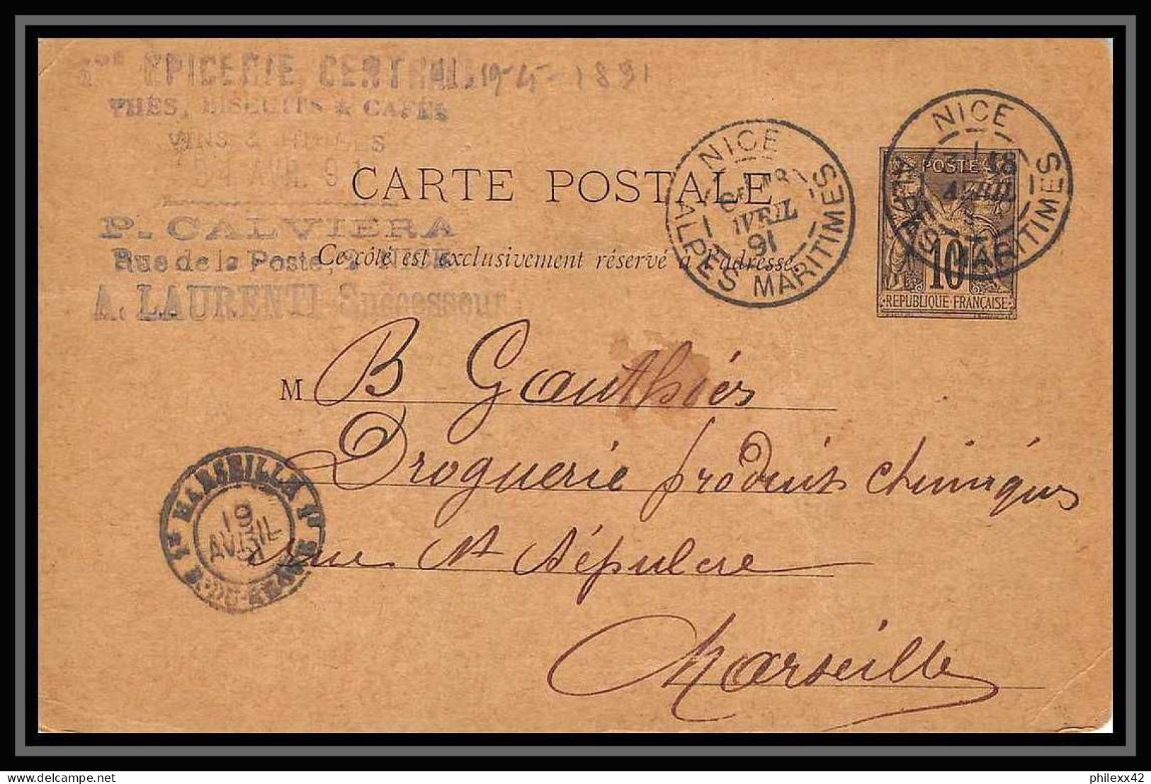 113974/ Entier Carte Postale Bouches Du Rhone Sage 10c Chamois Marseille 1891 - Cartes Postales Types Et TSC (avant 1995)