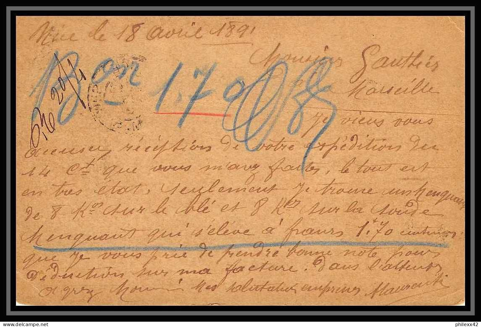 113974/ Entier Carte Postale Bouches Du Rhone Sage 10c Chamois Marseille 1891 - Cartes Postales Types Et TSC (avant 1995)
