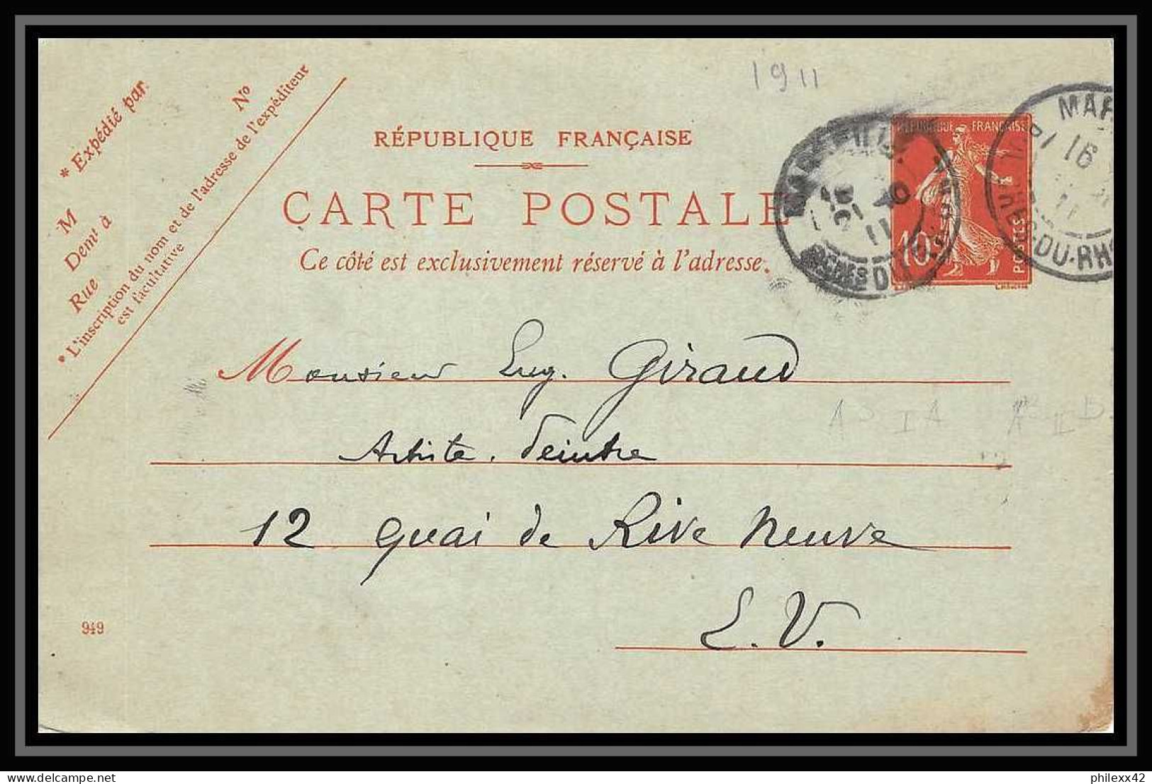 113960/ Entier Carte Postale Bouches Du Rhone Semeuse 10c Rouge Marseille Ta1 1911 - Cartes Postales Types Et TSC (avant 1995)