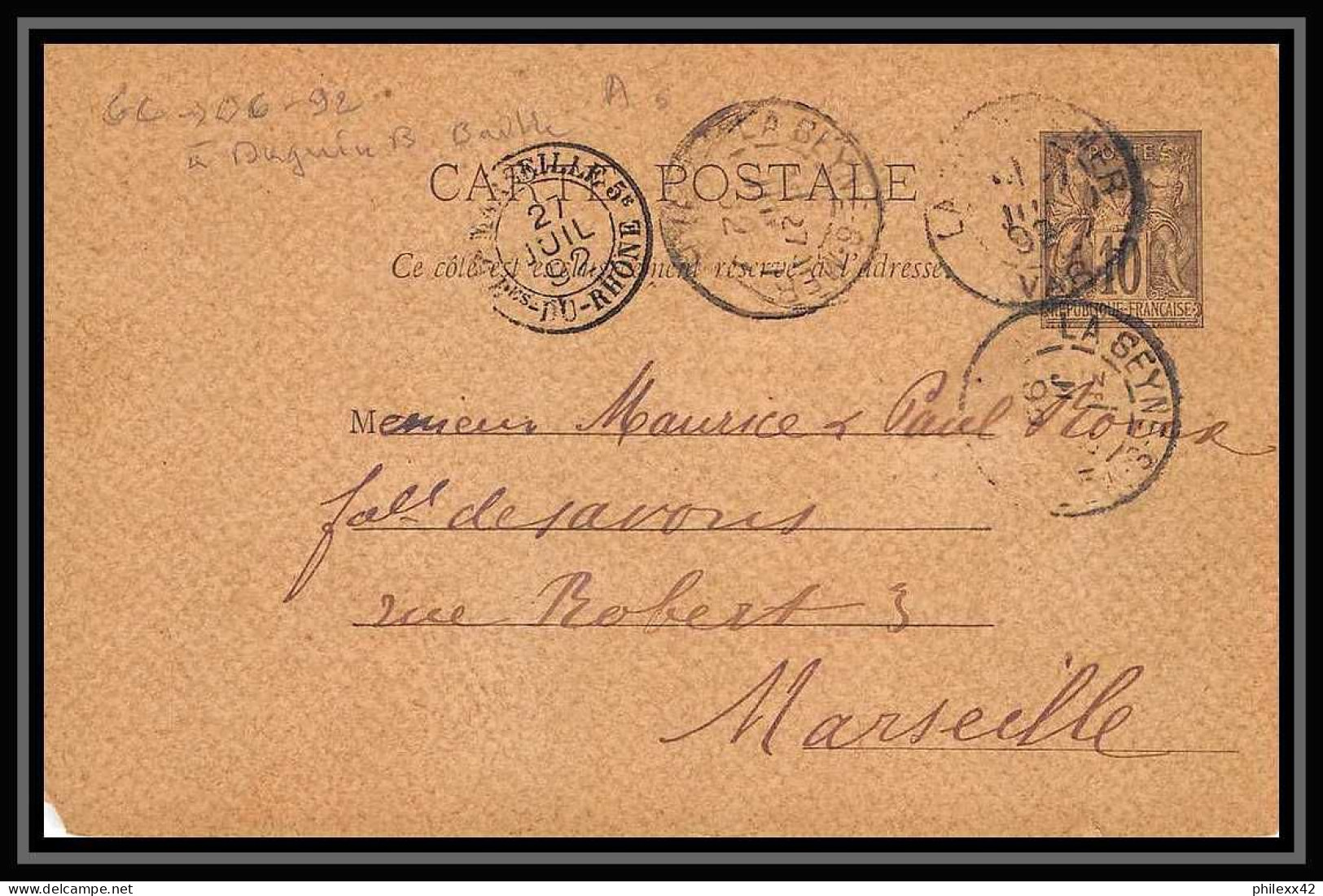 113944/ Entier Postal (Stationery) Bouches Du Rhone Sage 10c Noir La Seyne Sur Mer Var Pour Marseille 5ème 1892 - Cartes Postales Types Et TSC (avant 1995)