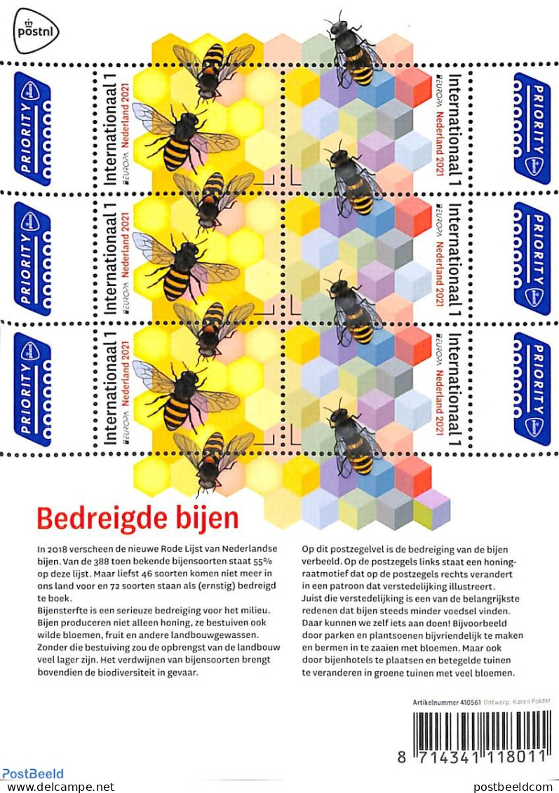 Netherlands 2021 Bees M/s, Mint NH, Nature - Bees - Insects - Unused Stamps