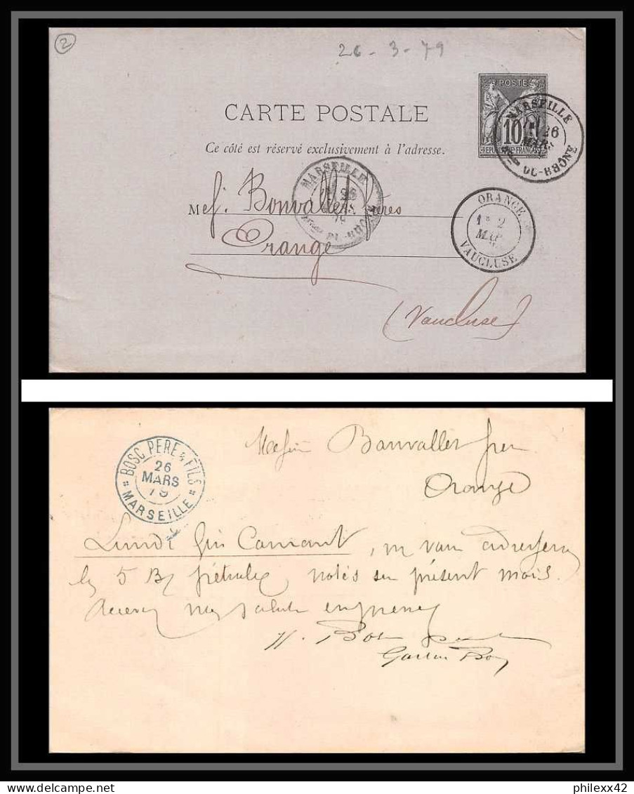 115029 Carte Postale Entier Postal Stationery Bouches Du Rhone Sage 10c Marseille Type A2 Pour Orange 1879 Vaucluse - Cartes Postales Types Et TSC (avant 1995)