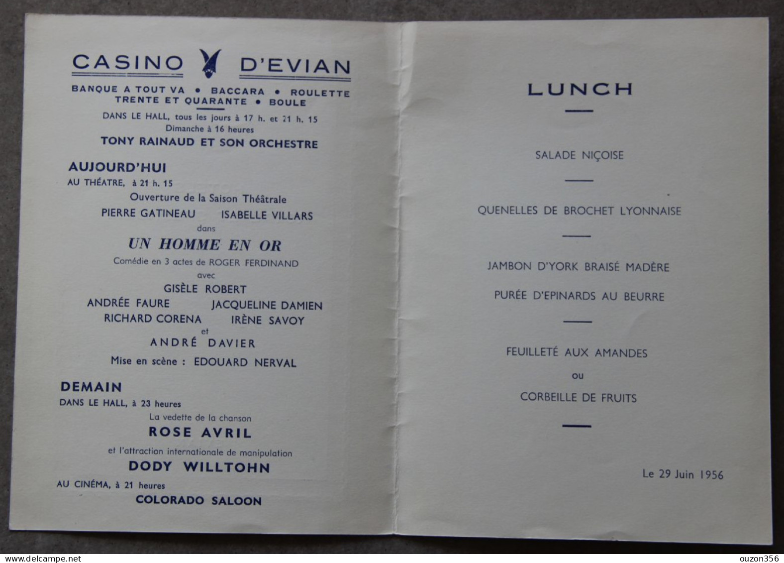 Evian-les-Bains (Haute-Savoie), Hôtels Royal Et Splendide, Menu Lunch, Casino, 29 Juin 1956 - Menu