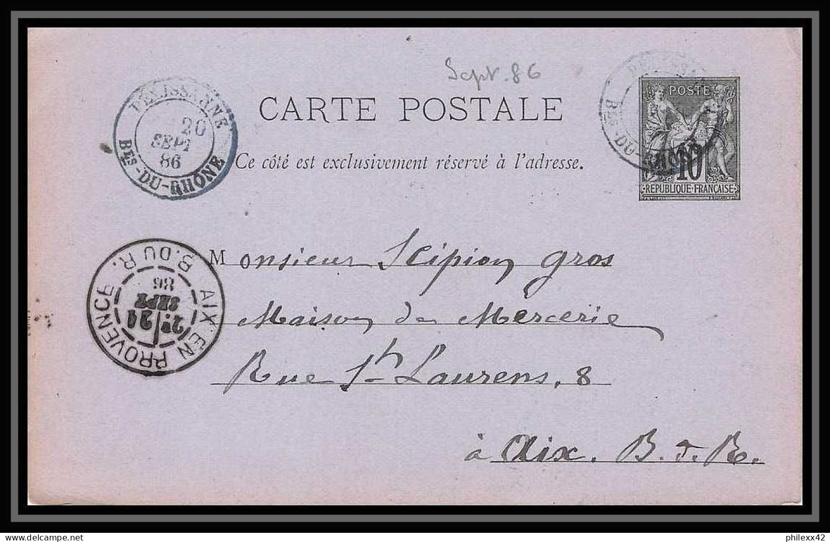 114231 Entier Postal Stationery Bouches Du Rhone Cachet Bleu Pélissanne Pour Aix 1886 - Cartes Postales Types Et TSC (avant 1995)