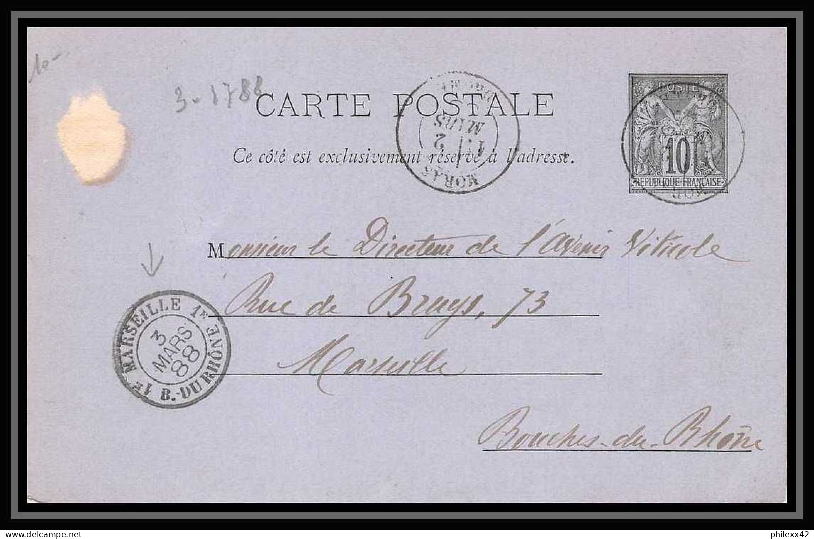 114195/ Entier Postal (Stationery) Bouches Du Rhone Sage 10c Noir Moras Pour Marseille 1er 1888 - Cartes Postales Types Et TSC (avant 1995)