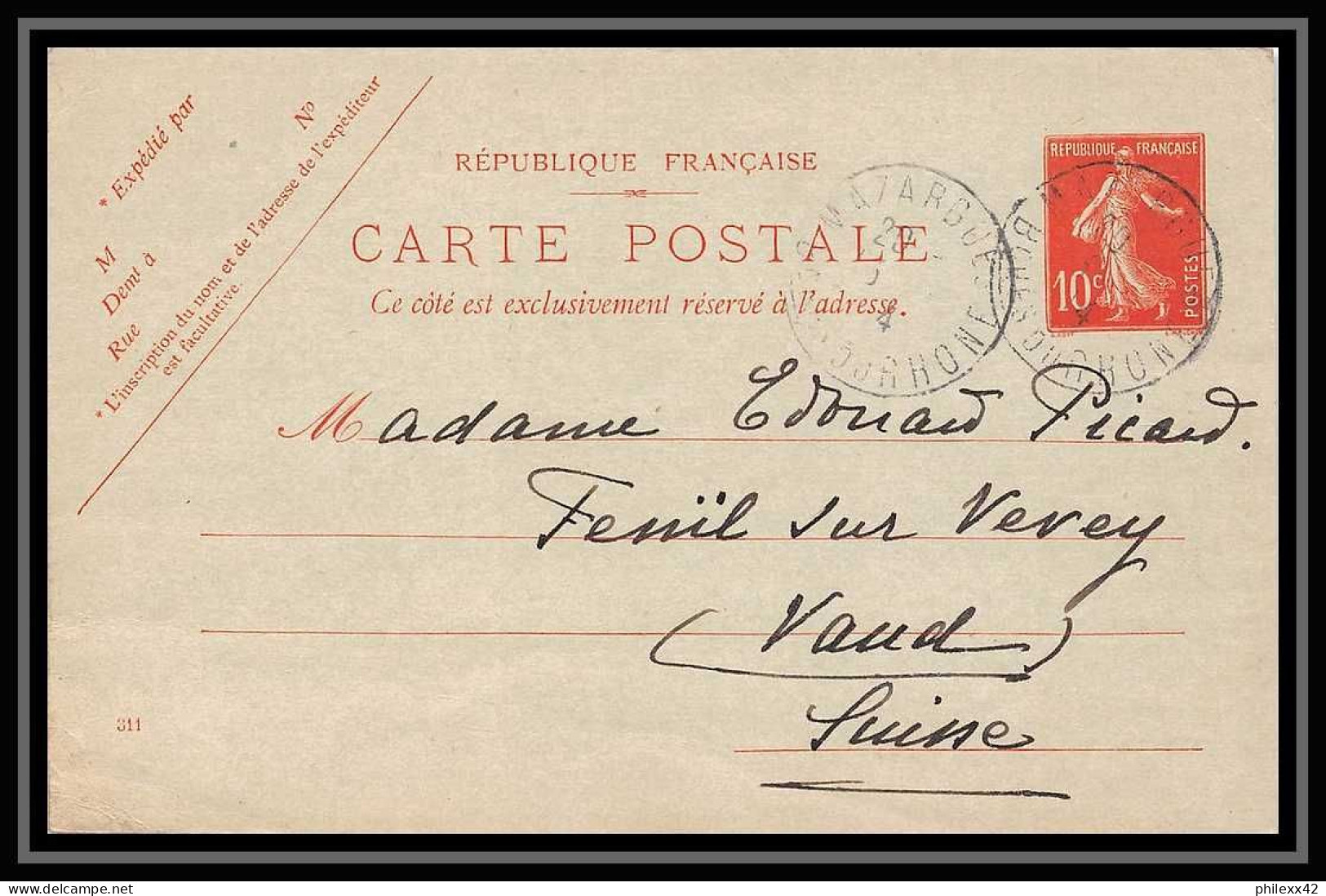 115964 Carte Postale Entier Postal Stationery Bouches Du Rhone 10c Marseille Mazargues 9ème Arr 1914 Pour Vaud Suisse " - Postales Tipos Y (antes De 1995)