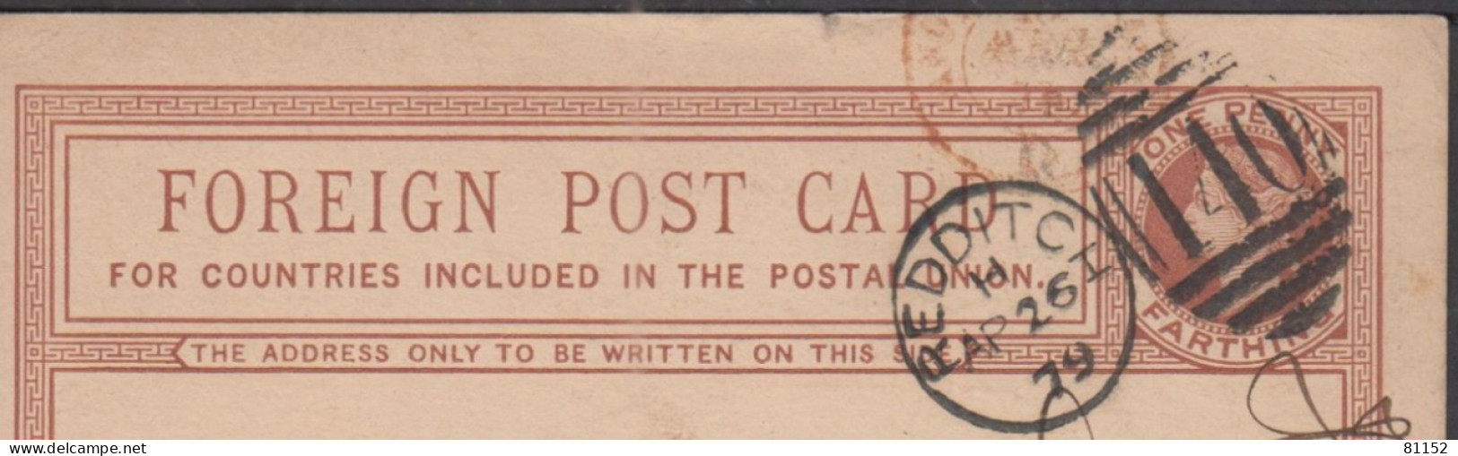 G.B.  Entier CPA  Pub  One Penny   De  REDDITCH Le  23 Avril 1879 Avec Cachet " PARIS DISTRIBUTION " - Stamped Stationery, Airletters & Aerogrammes