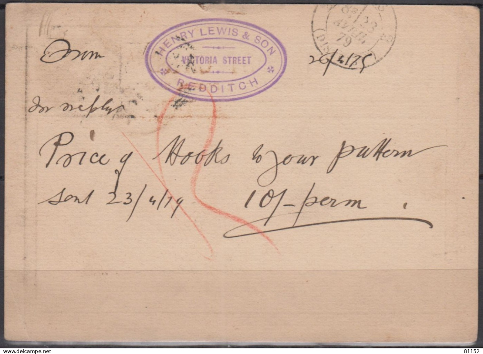 G.B.  Entier CPA  Pub  One Penny   De  REDDITCH Le  23 Avril 1879 Avec Cachet " PARIS DISTRIBUTION " - Stamped Stationery, Airletters & Aerogrammes