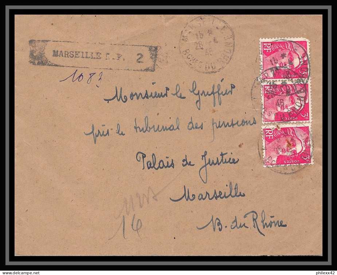 115806 Lettre Recommandé Provisoire Cover Bouches Du Rhone N°716 Gandon X3 Marseille A4 RUE Honnorat 1948 - Cachets Provisoires