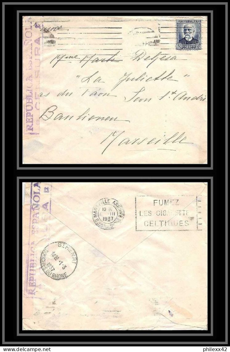 115734 Lettre Bouches Du Rhone Espagne Spain Censuré 1937 P Marseille Arrivée Flier Secap Fumez Les Cigarettes Celtiques - Brieven En Documenten