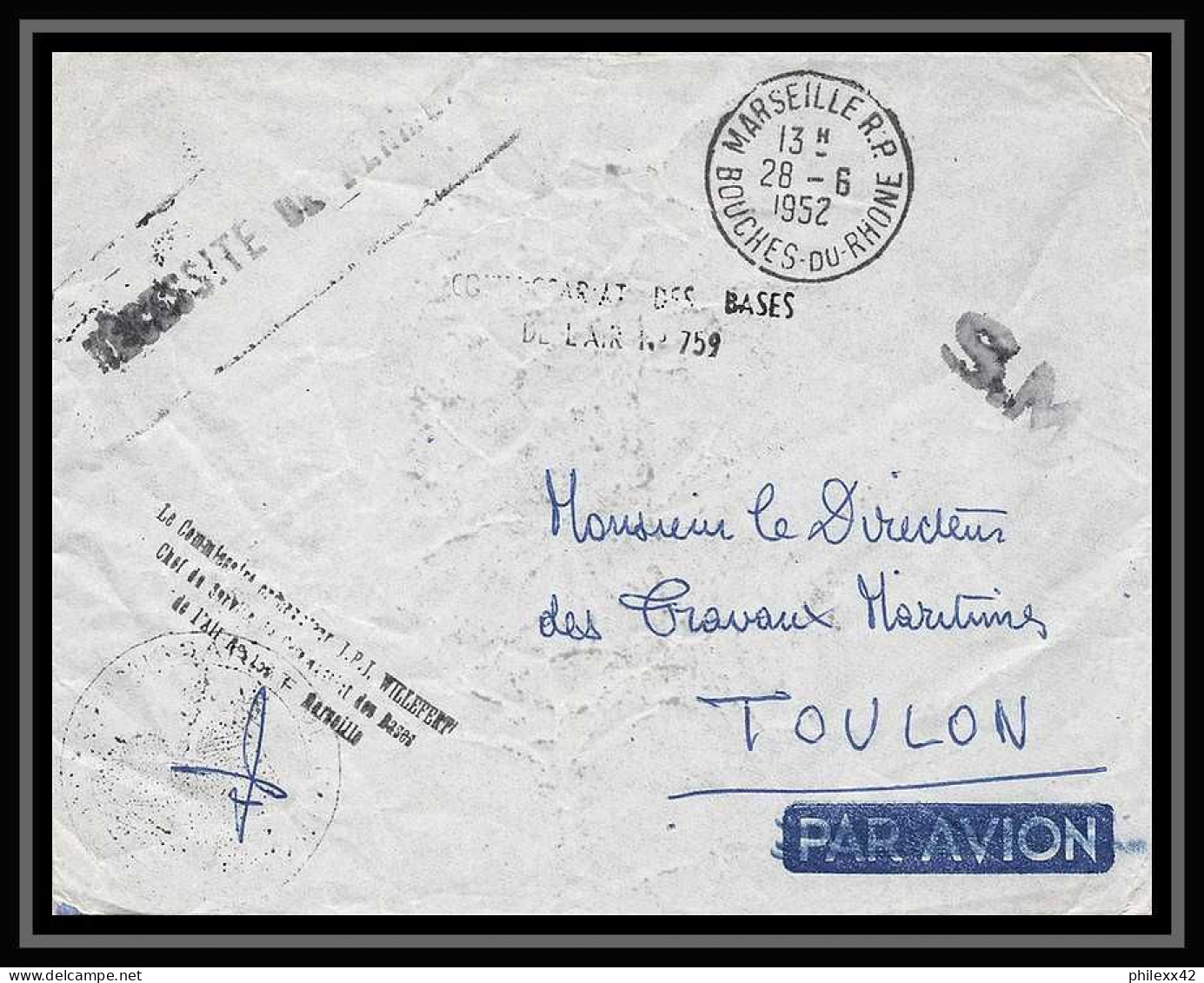 115333 Lettre Cover Bouches Du Rhone Commissariat Des Bases De L'air Marseille A6 Pour Toulon 1952 - 1960-.... Briefe & Dokumente