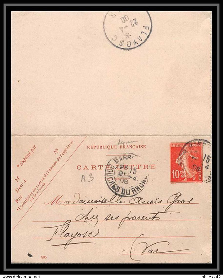 115226 Carte Lettre Entier Postal (Stamped Stationery) Bouches Du Rhone Semeuse 10c Marseille A3 Pour Flayosc Var 1908 - Kartenbriefe