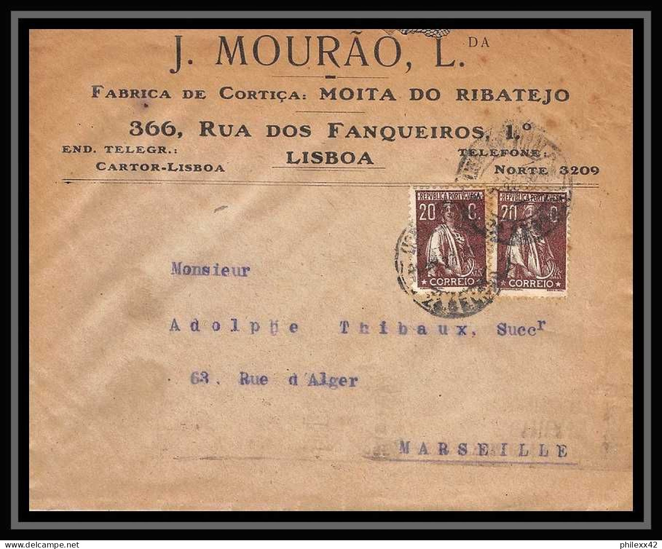 115185 Lettre Cover Bouches Du Rhone Lisboa Portugal 1922 Pour Marseille A2b Avec Heure - Marcofilia
