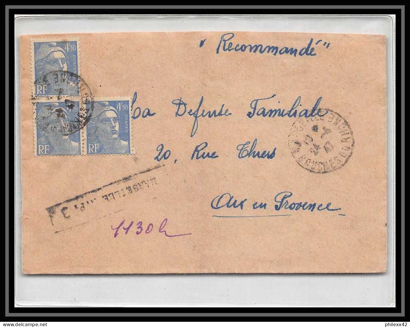 115104 Lettre Recommandé Provisoire Cover Bouches Du Rhone N°718a X3 Bande Gandon Marseille A4 Pour Aix 1947 - Tijdelijke Stempels