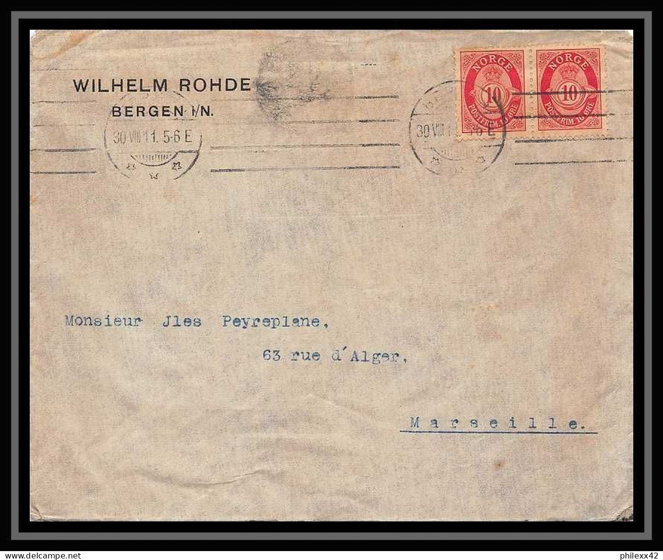 115058 Lettre Cover Bouches Du Rhone Norvège (Norway) Pour Marseille 1911 - Cartas & Documentos