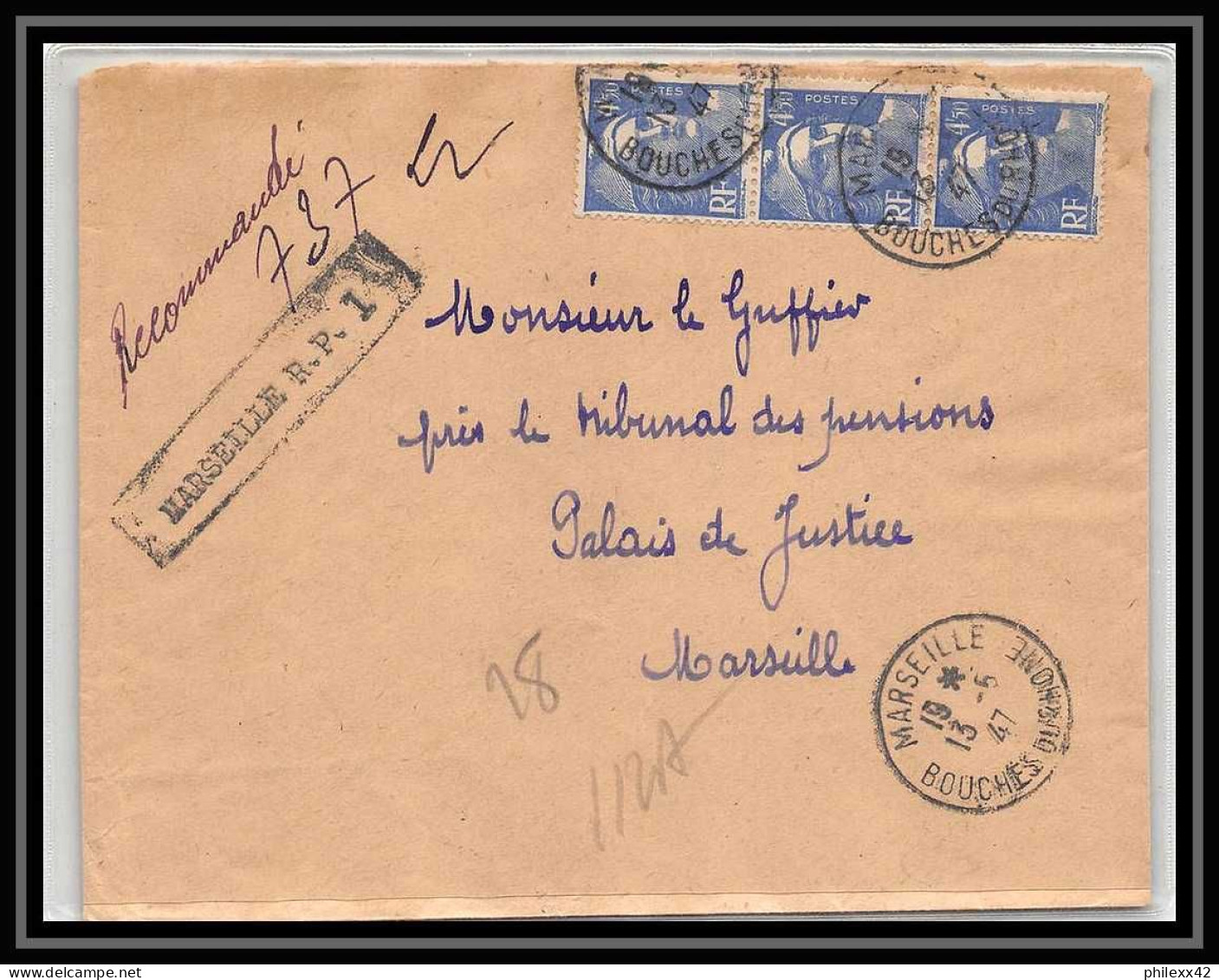 115102 Lettre Recommandé Provisoire Cover Bouches Du Rhone N°718a X3 Bande Gandon Marseille A4 1947 - Cachets Provisoires