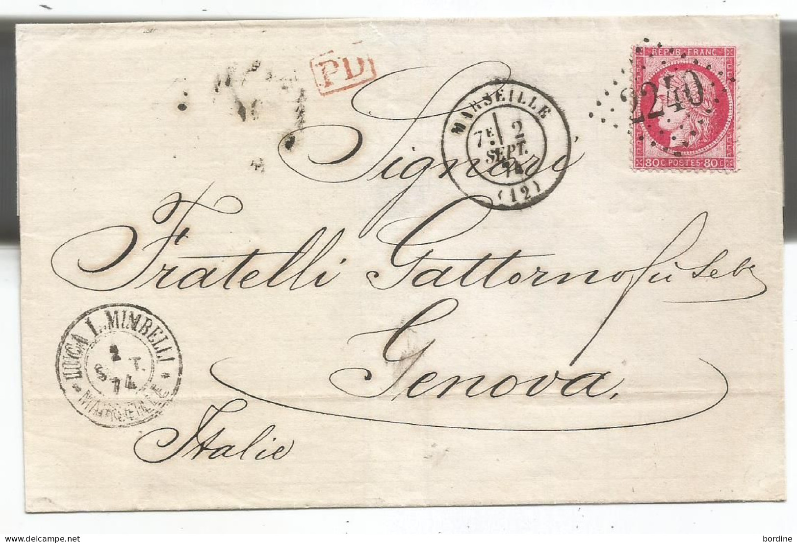 - BOUCHES Du RHONE - MARSEILLE - GC.2240/TP Cérès N°57 + "PD" Rouge - Càd Type 17 - 1874 - 1871-1875 Cérès