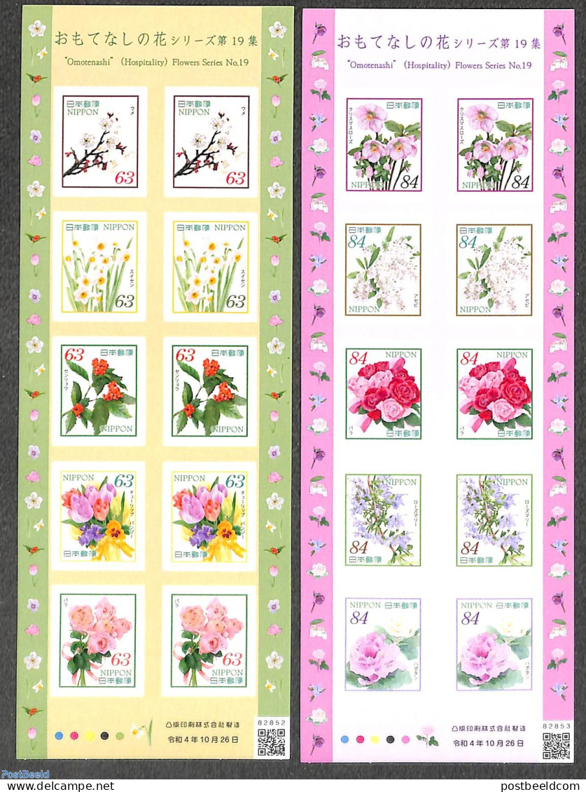 Japan 2022 Flowers 20v In 2 M/s S-a, Mint NH, Nature - Flowers & Plants - Ungebraucht