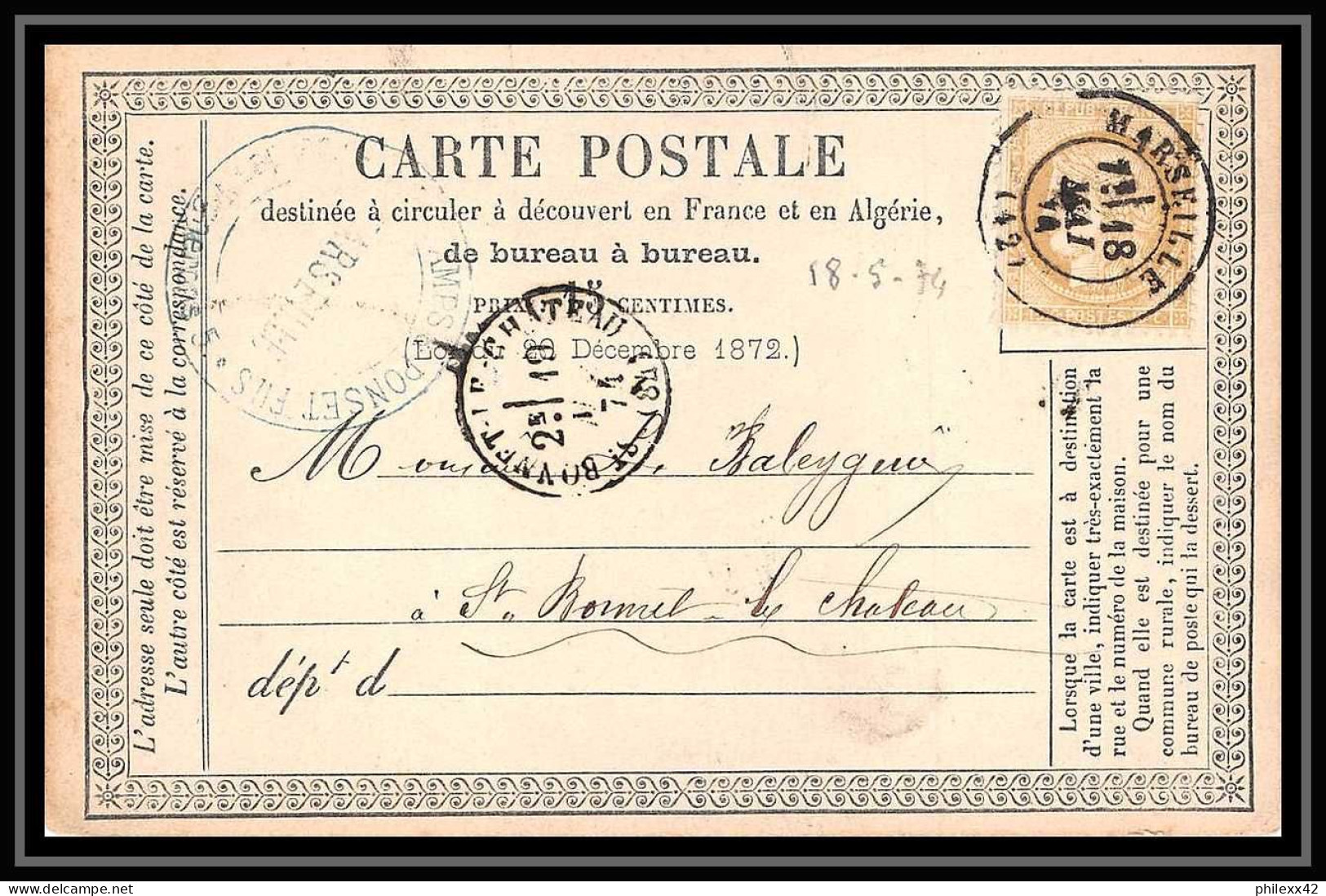 Carte Postale Précurseur 110249 Bouches Du Rhone Marseille Cérès N°59 Cad T15 Saint Bonnet Le Chateau Loire 1874 - Cartes Précurseurs