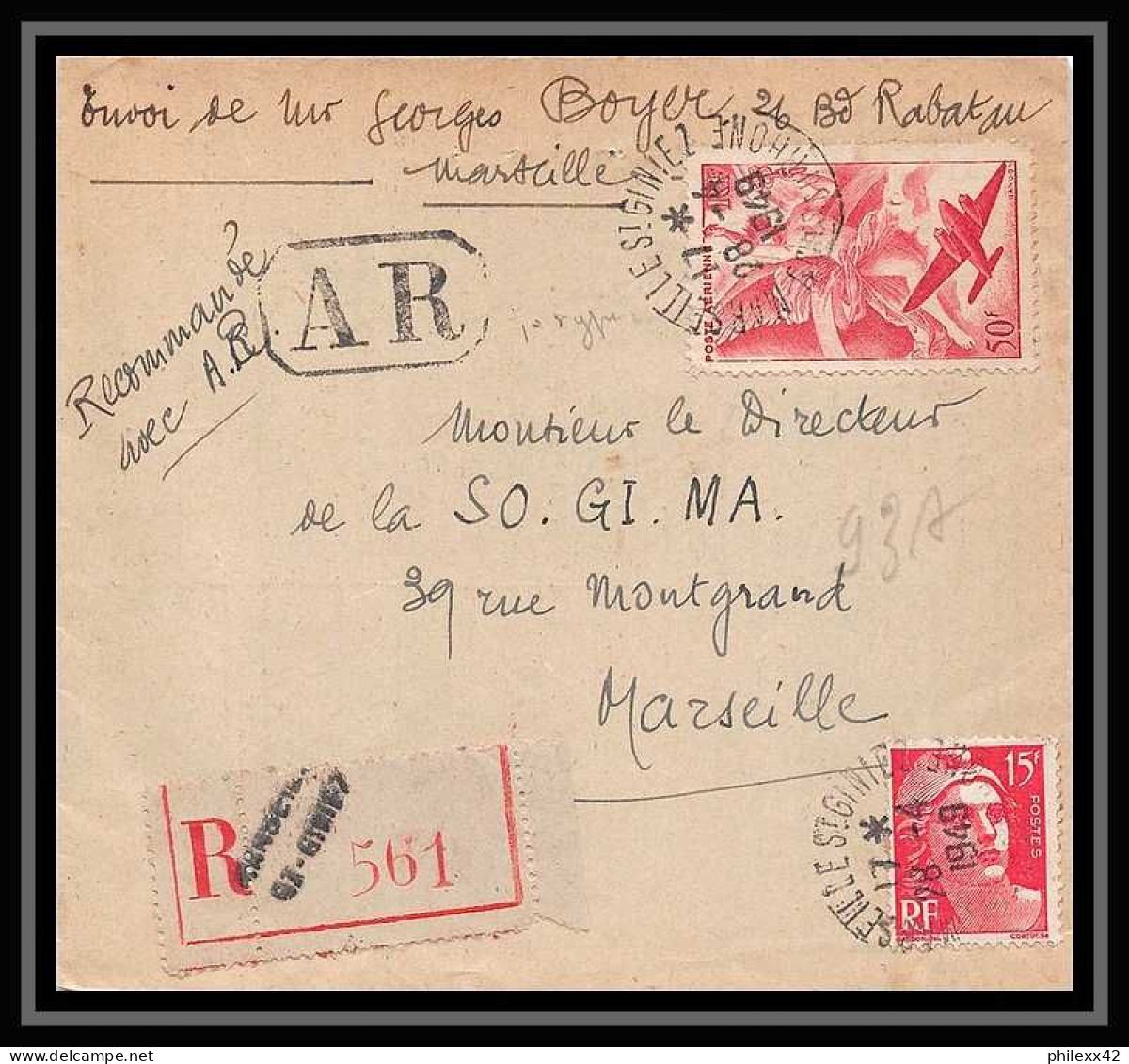 116894 Lettre Recommandé Cover Bouches Du Rhone Poste Aerienne PA N°17 Iris Marseille Saint Giniez 1949 - 1960-.... Covers & Documents