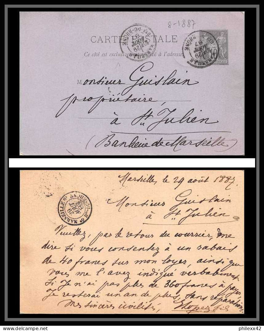 116671 Carte Postale Entier Postal Stationery Bouches Du Rhone (cachet Bes) 10c Sage Marseille Pour St Julien 1887 - Postales Tipos Y (antes De 1995)