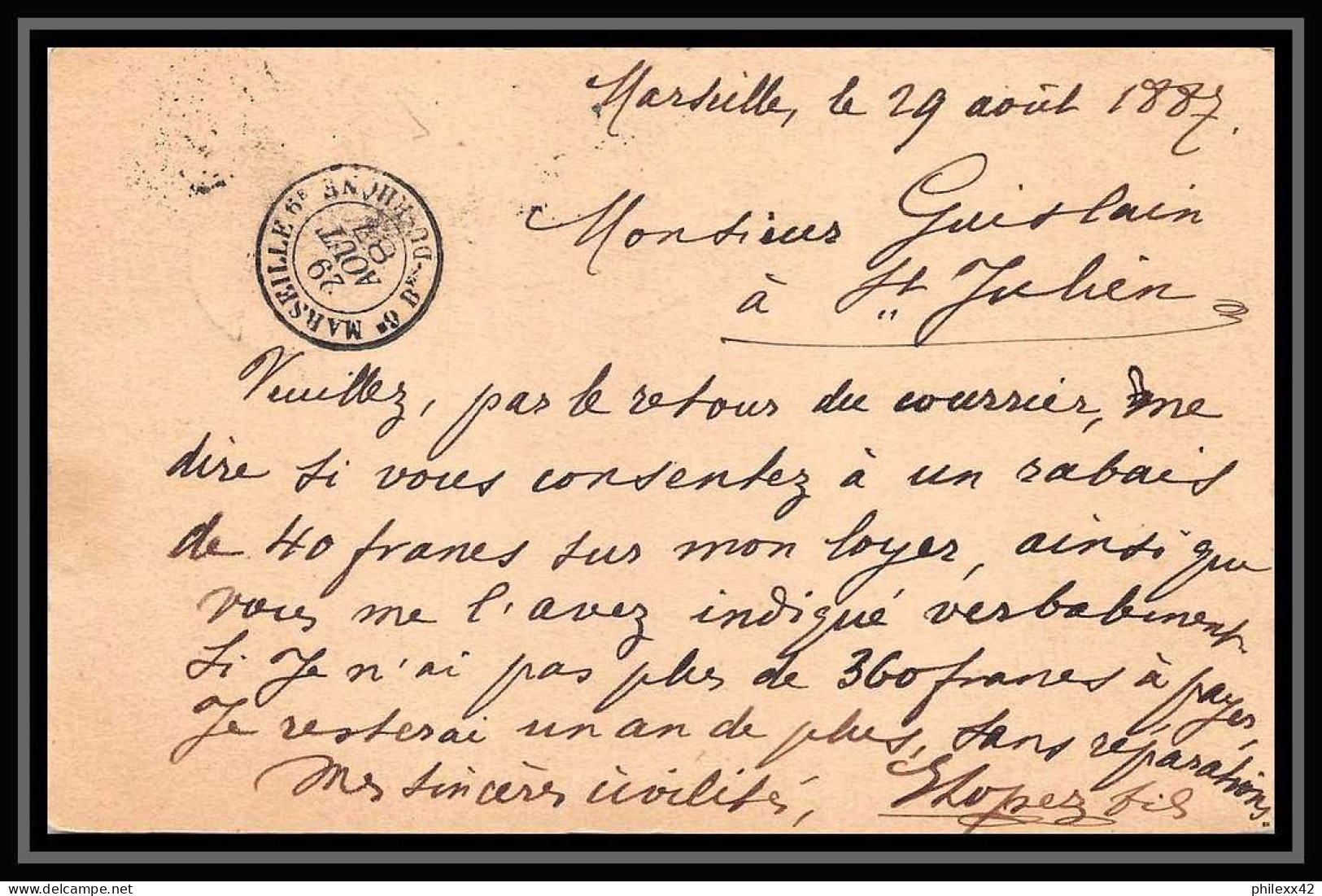116671 Carte Postale Entier Postal Stationery Bouches Du Rhone (cachet Bes) 10c Sage Marseille Pour St Julien 1887 - Cartes Postales Types Et TSC (avant 1995)