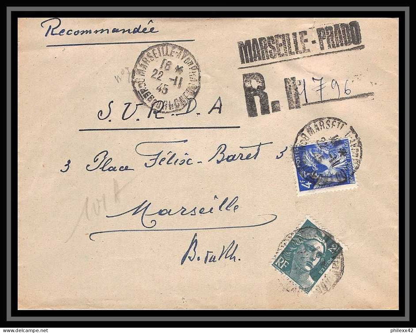 116485 Lettre Recommandé Provisoire Cover Bouches Du Rhone Gandon Marseille Prado 1945 - Aushilfsstempel