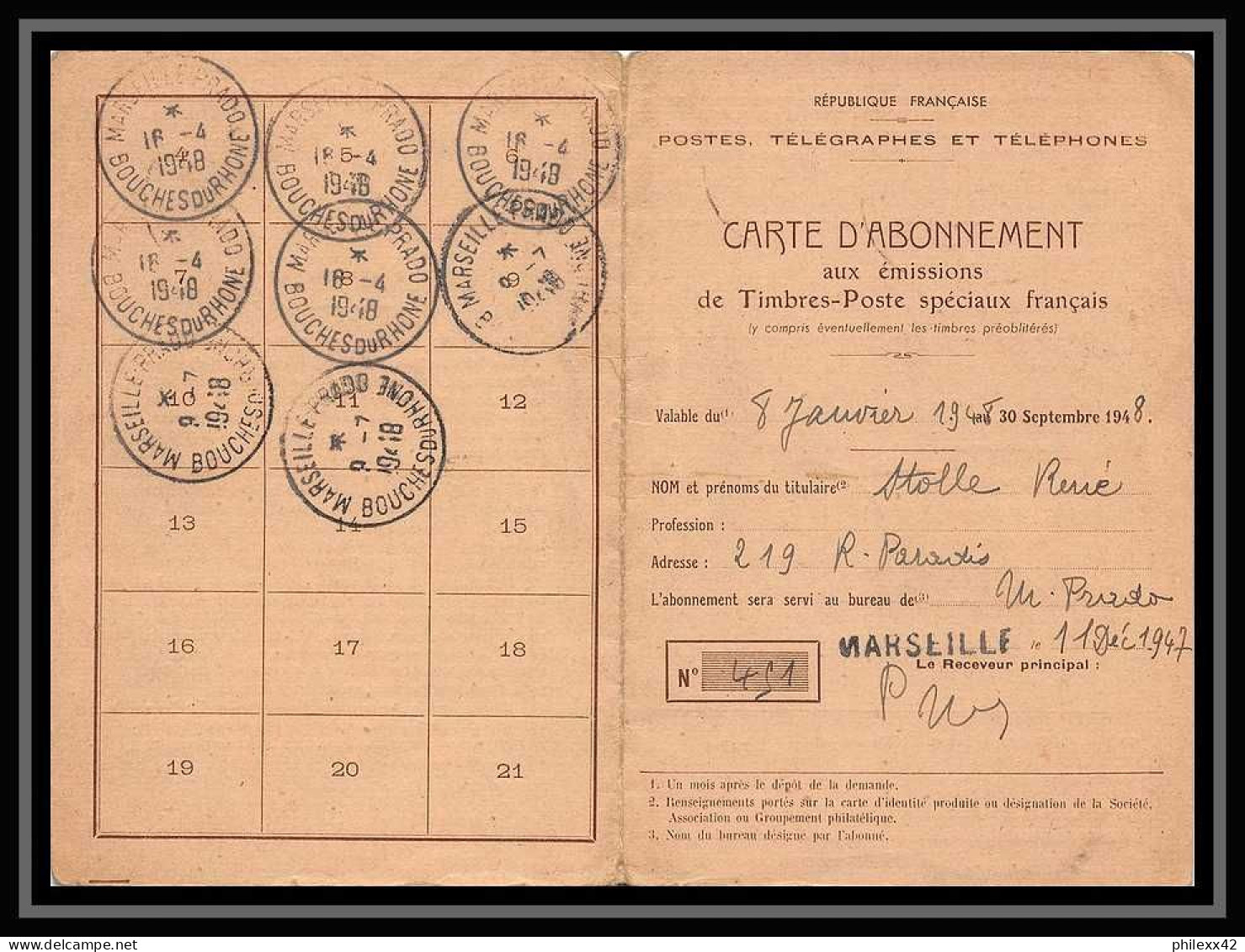 116481 Carte D'abonnement Bouches Du Rhone Poste Aerienne PA N°19 CHAR Marseille Prado 1947 - 1960-.... Storia Postale