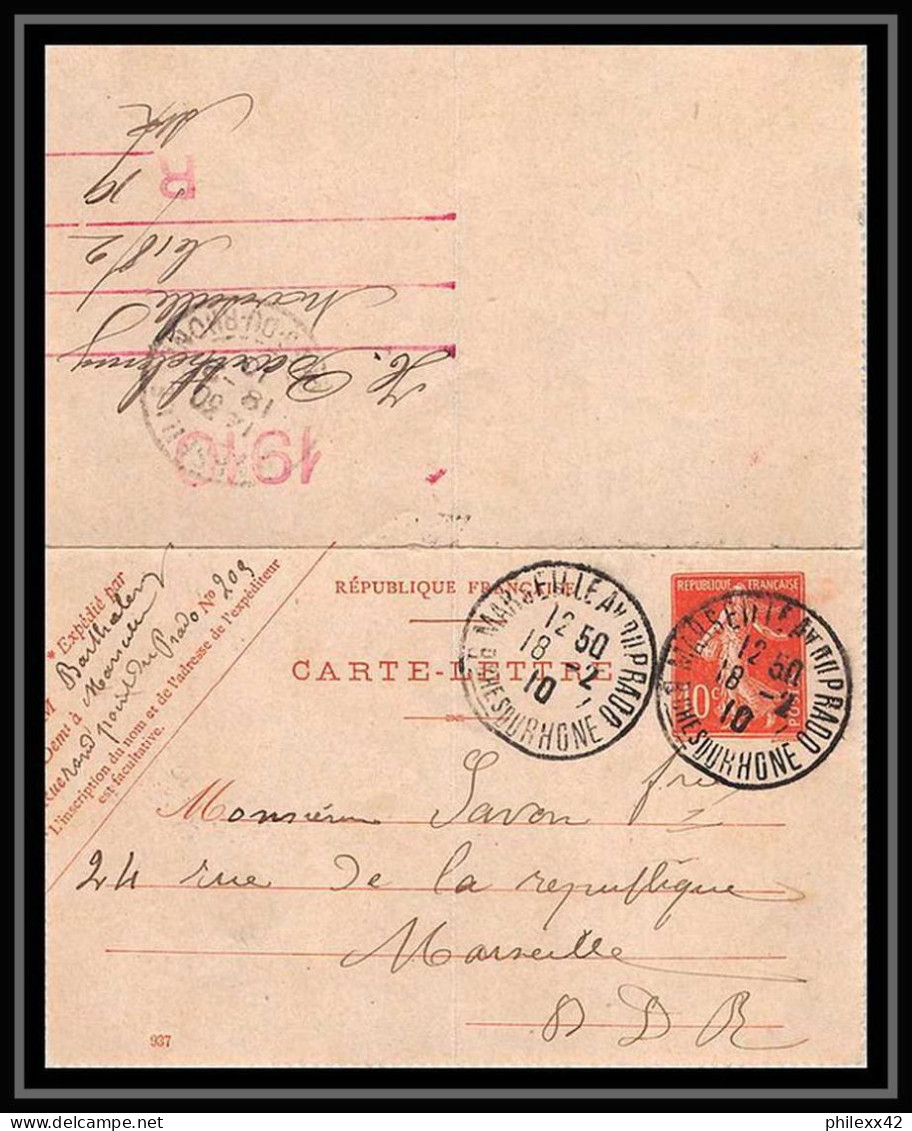 116434 Carte Lettre Entier Postal (Stationery) Bouches Du Rhone 10c Semeuse Marseille Prado A3 1910 Repiquage ? - Kartenbriefe