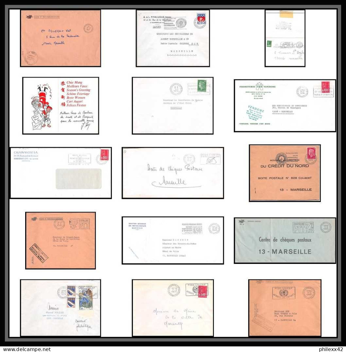 116364 Lot De 14 Lettres Cover Bouches Du Rhone Flammes Diverses Marseille Hotel Des Postes - Collections