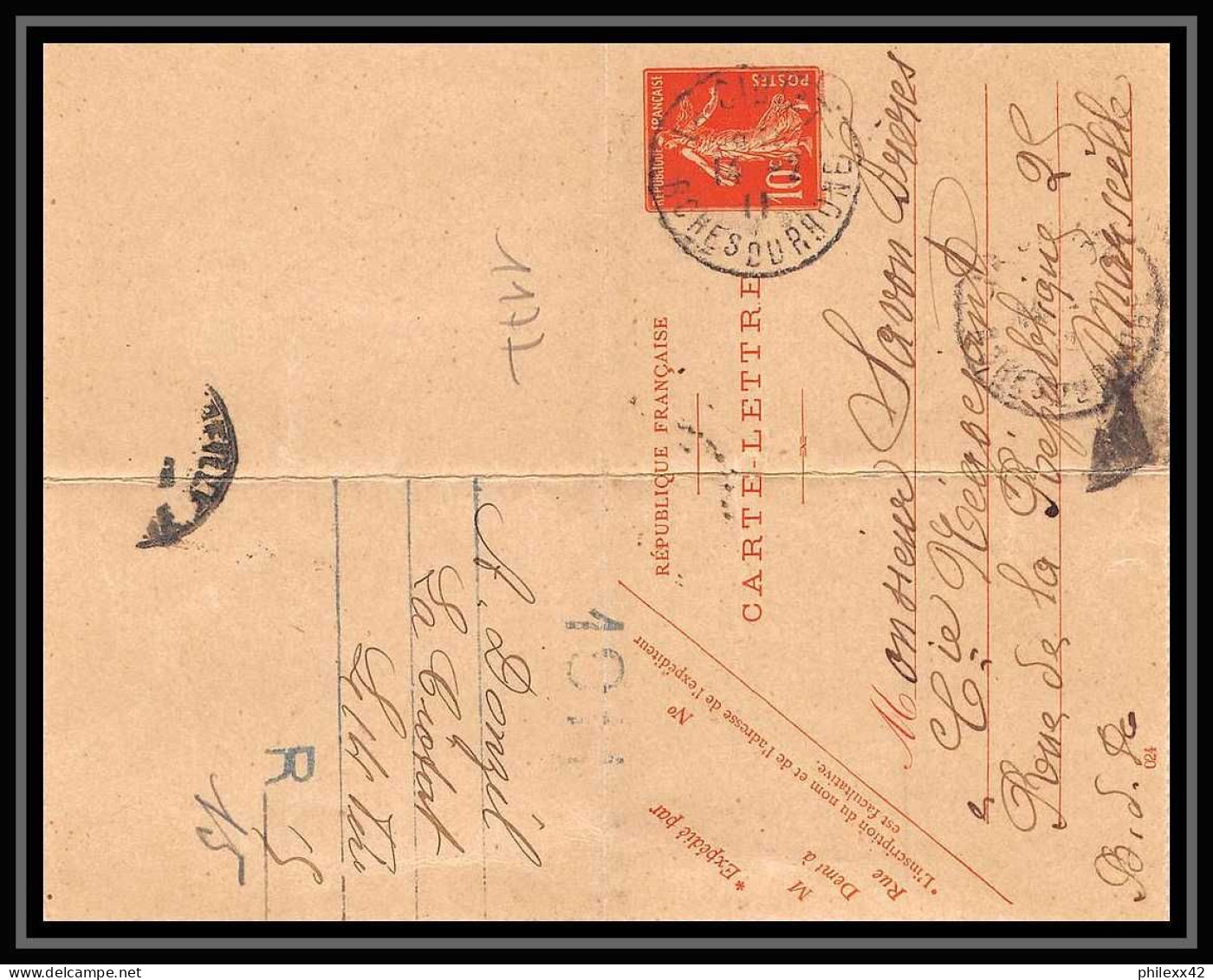 Lettre-111177 Bouches Du Rhone SemeUse 10c Carte Lettre Entier Postal La Ciotat Pour Marseille 1911 - Cartes-lettres