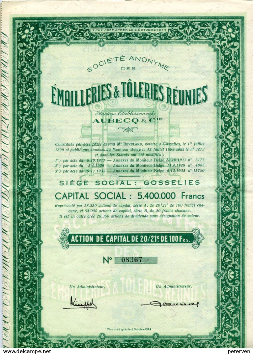 ÉMAILLERIES & TÔLERIES RÉUNIES; Action De Capital - Industrie