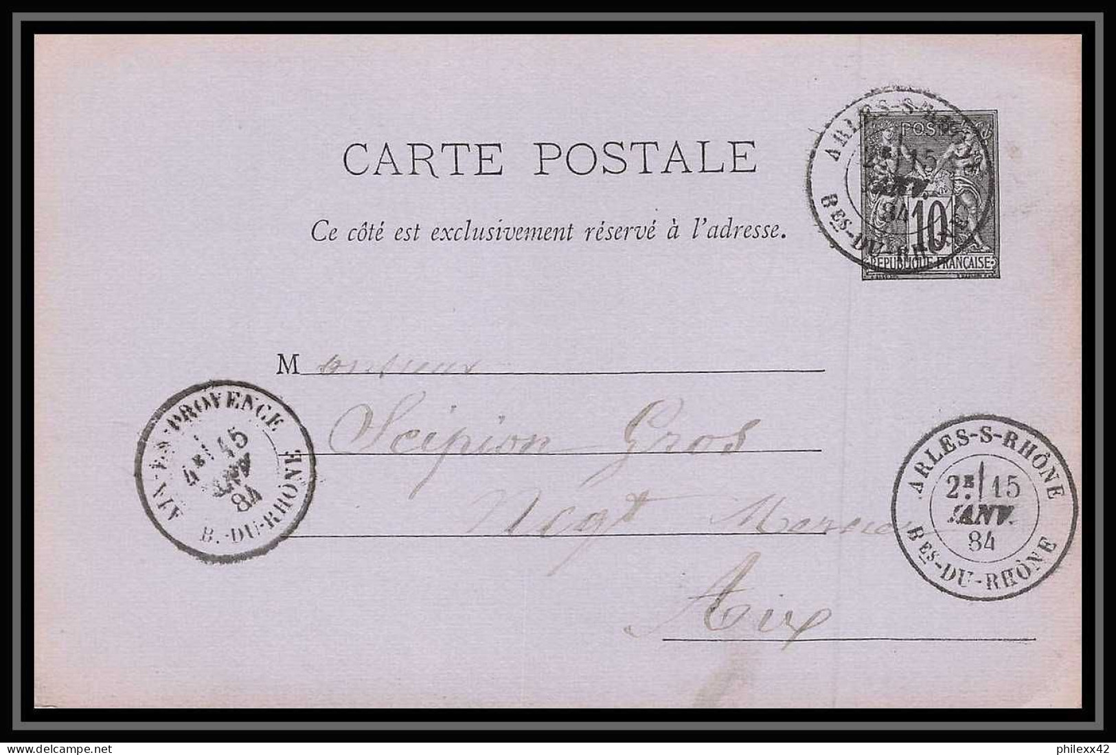 Lettre-110977 Bouches Du Rhone Sage 10c Noir Entier Postal Carte Postale Arles Pour Aix-en-Provence En Provence 1884 - Cartes Postales Types Et TSC (avant 1995)
