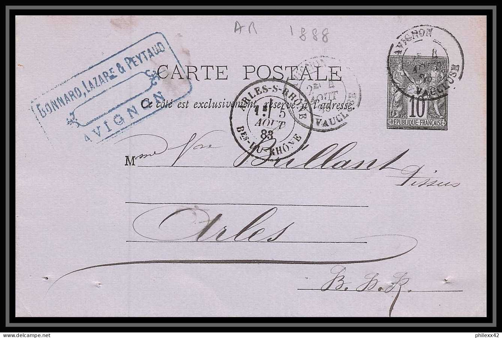 Lettre-110796 Bouches Du Rhone Lot 2 Sage 2 Entiers Postaux 10c Noir Carte Postale Avignon Pour Arles Dont Convoyeur - Standard Postcards & Stamped On Demand (before 1995)