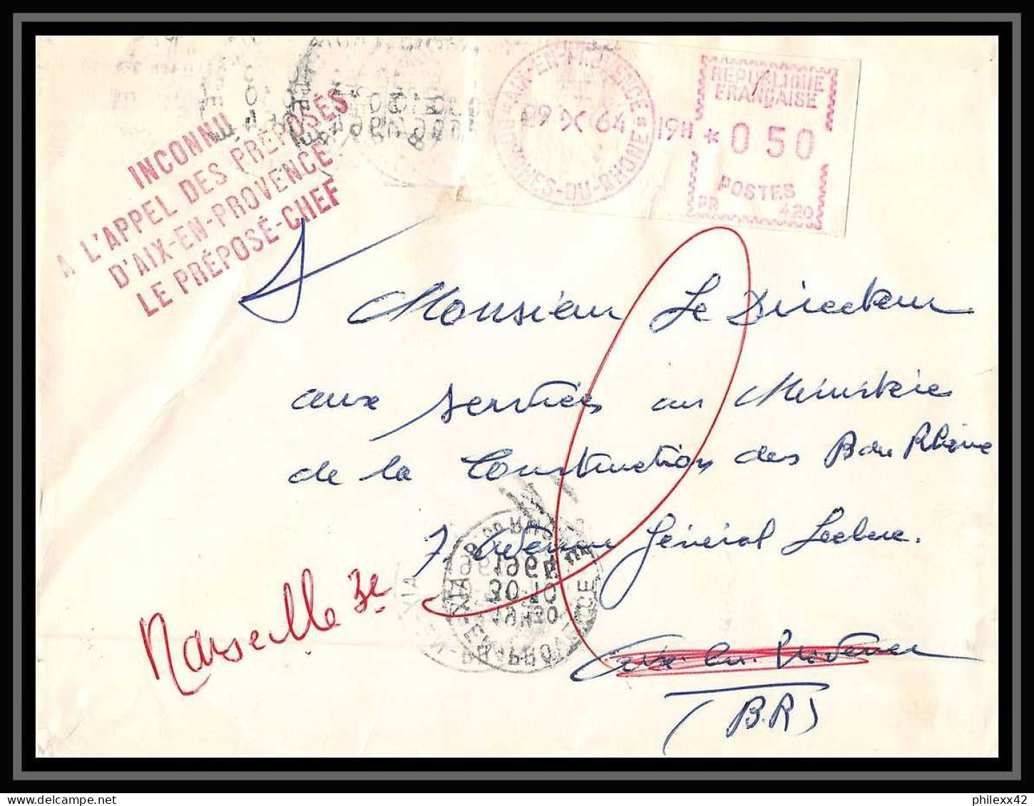 Lettre-110517 Bouches Du Rhone Distributeur Retour à L'envoyeur Inconnu à L'appel Aix-en-Provence 29/10/1964 Flamme - Covers & Documents