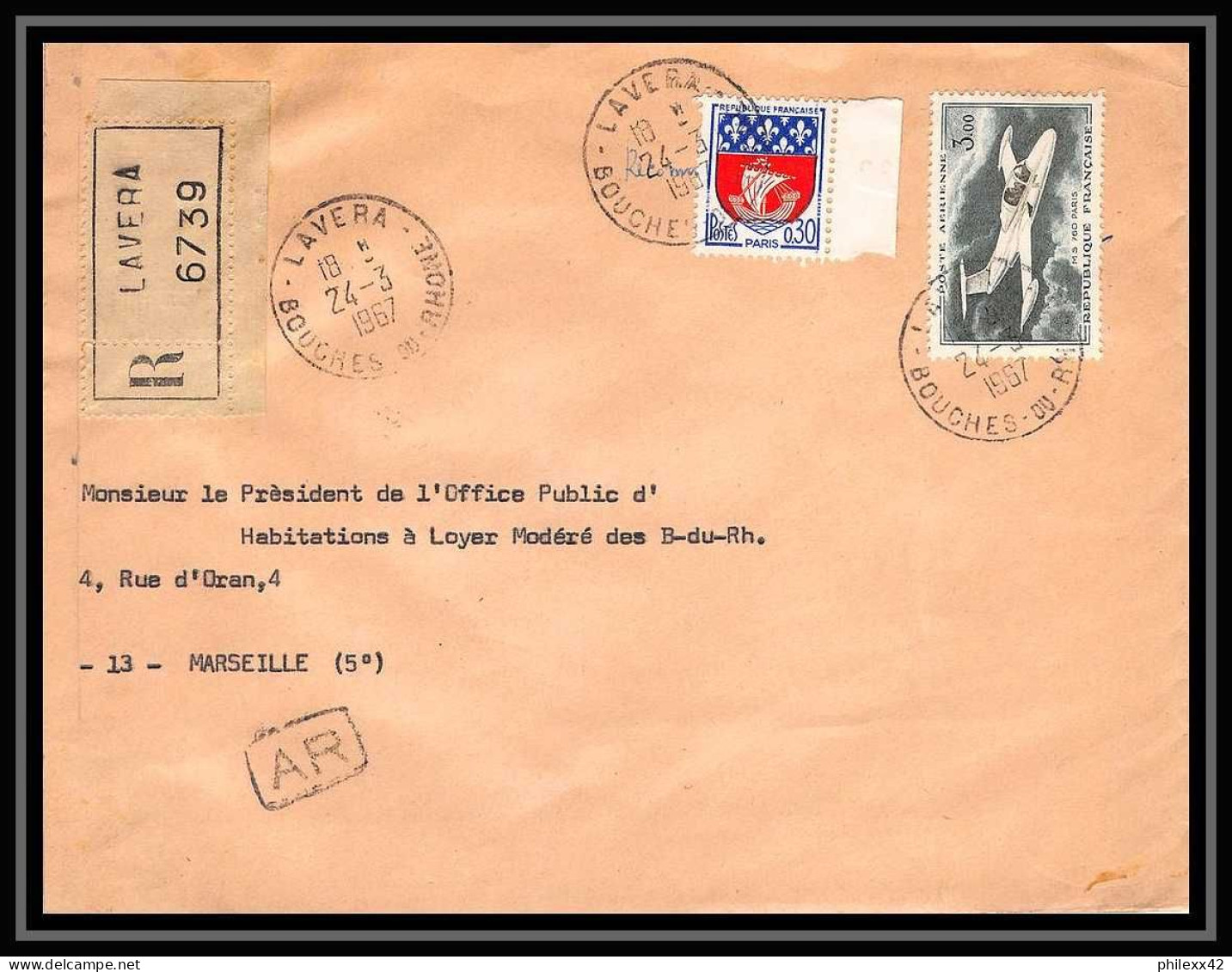Lettre-111927 Bouches Du Rhone 3F30 Poste Aerienne Pa N°39 Morane-Saulnier Recommandé AR Lavera Pour Marseille 24/3/1967 - 1960-.... Cartas & Documentos