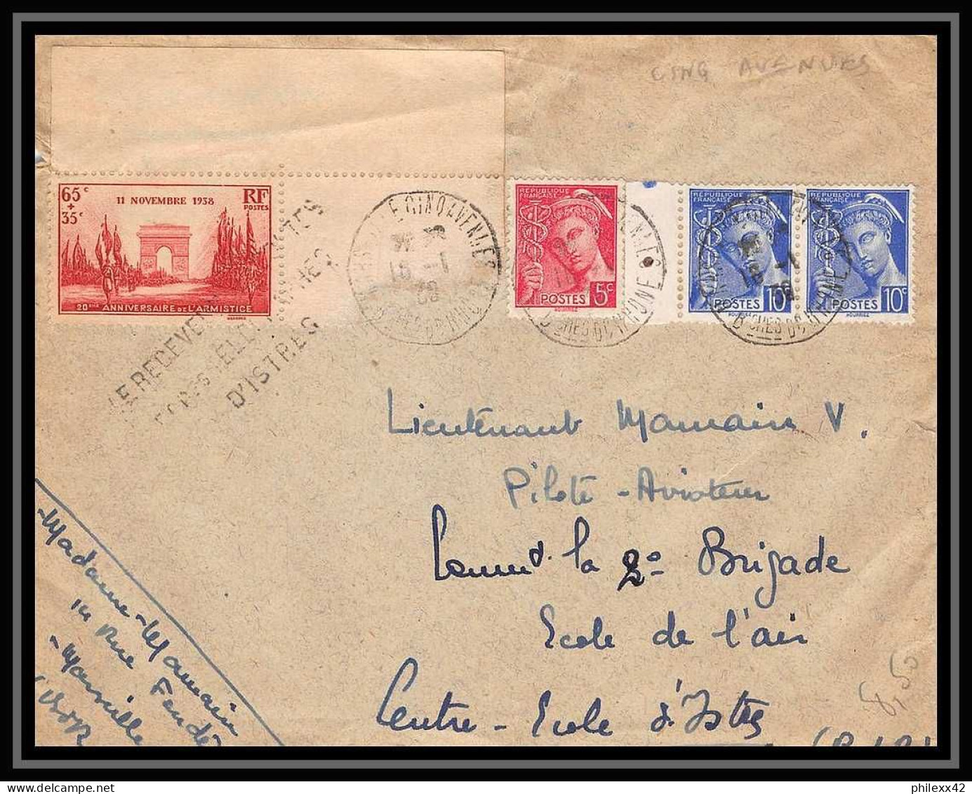 Lettre-111805 Bouches Du Rhone Armée De L'air 1939 Affranchissement Compose Mercure Cachet Rerceveur Pilote Aviateur Ist - 1960-.... Cartas & Documentos