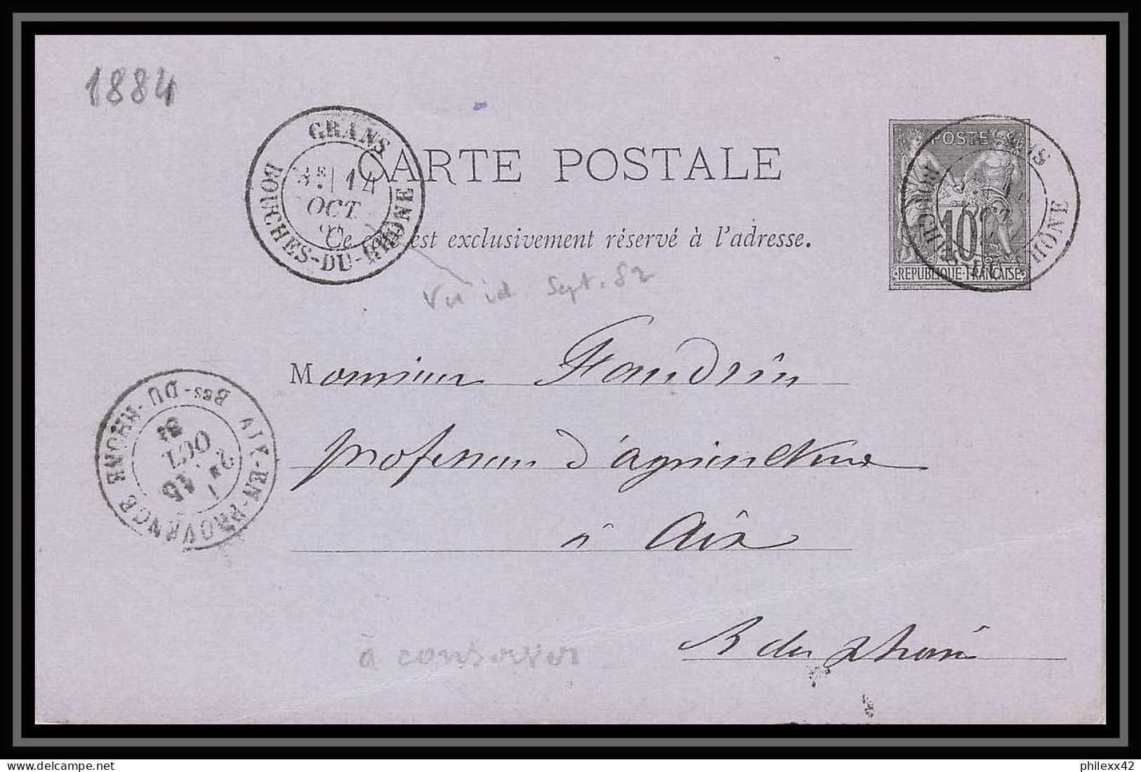 Lettre-111717 Bouches Du Rhone Carte Postale Entier Postal Sage 10c Noir Grans Pour Aix En Provence Cachet Rare 14/10/18 - Cartes Postales Types Et TSC (avant 1995)