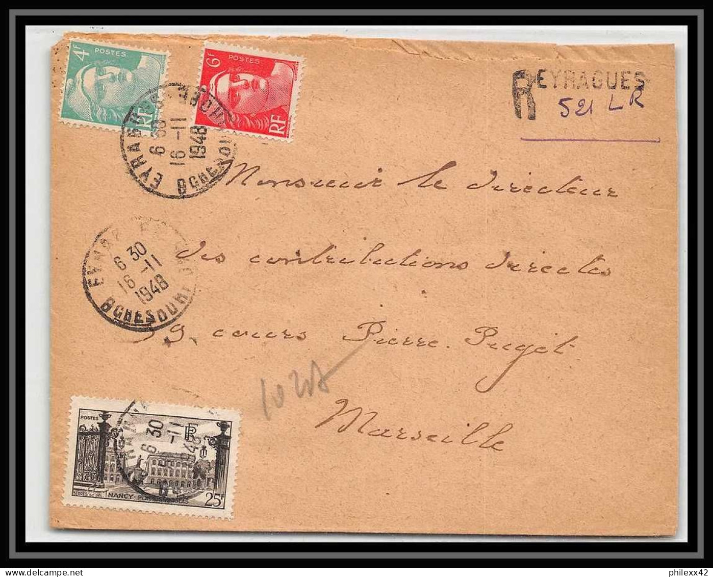 Lettre-111471 Bouches Du Rhone N°778 Nancy + Gandon 35f Recommandé Provisoire Griffe Lineaire Eyragues Pour Marseille 19 - Temporary Postmarks