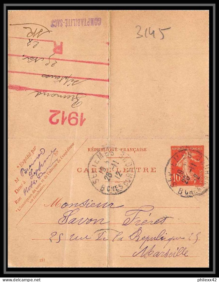 Lettre-113145 Bouches Du Rhone Carte Lettre Entier Postal Semeuse 10c Rouge Septèmes Pour Marseille 1912 - Kartenbriefe