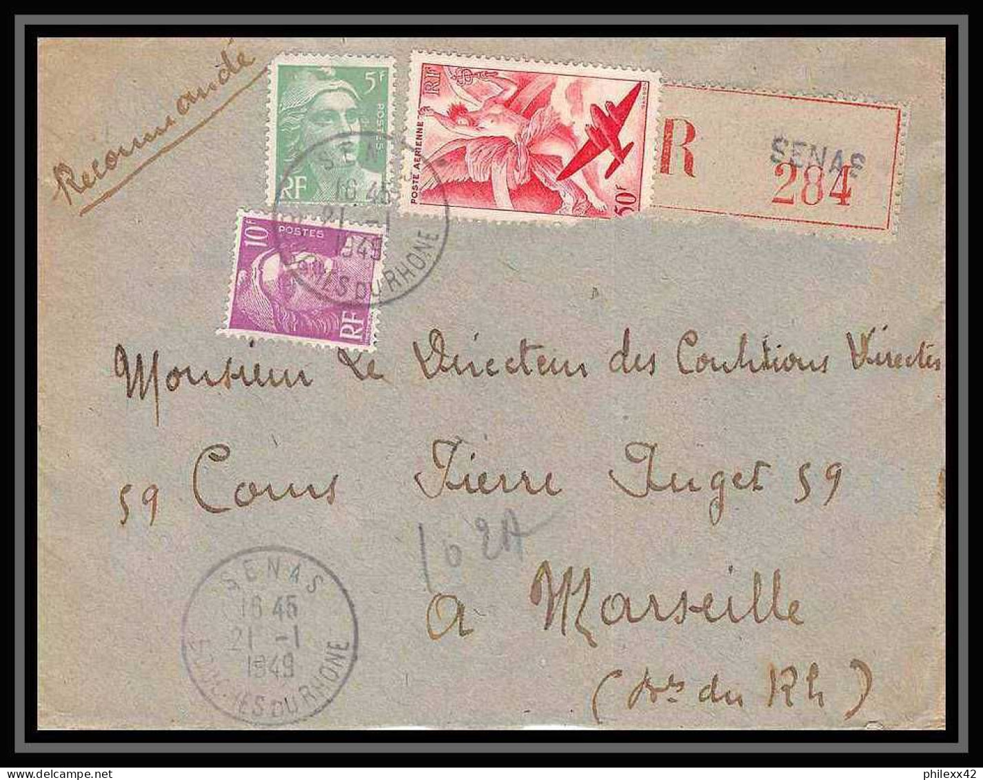 Lettre-113122 Bouches Du Rhone Poste Aérienne Recommandé Sénas Pour Marseille 21/1/1949 - 1960-.... Cartas & Documentos