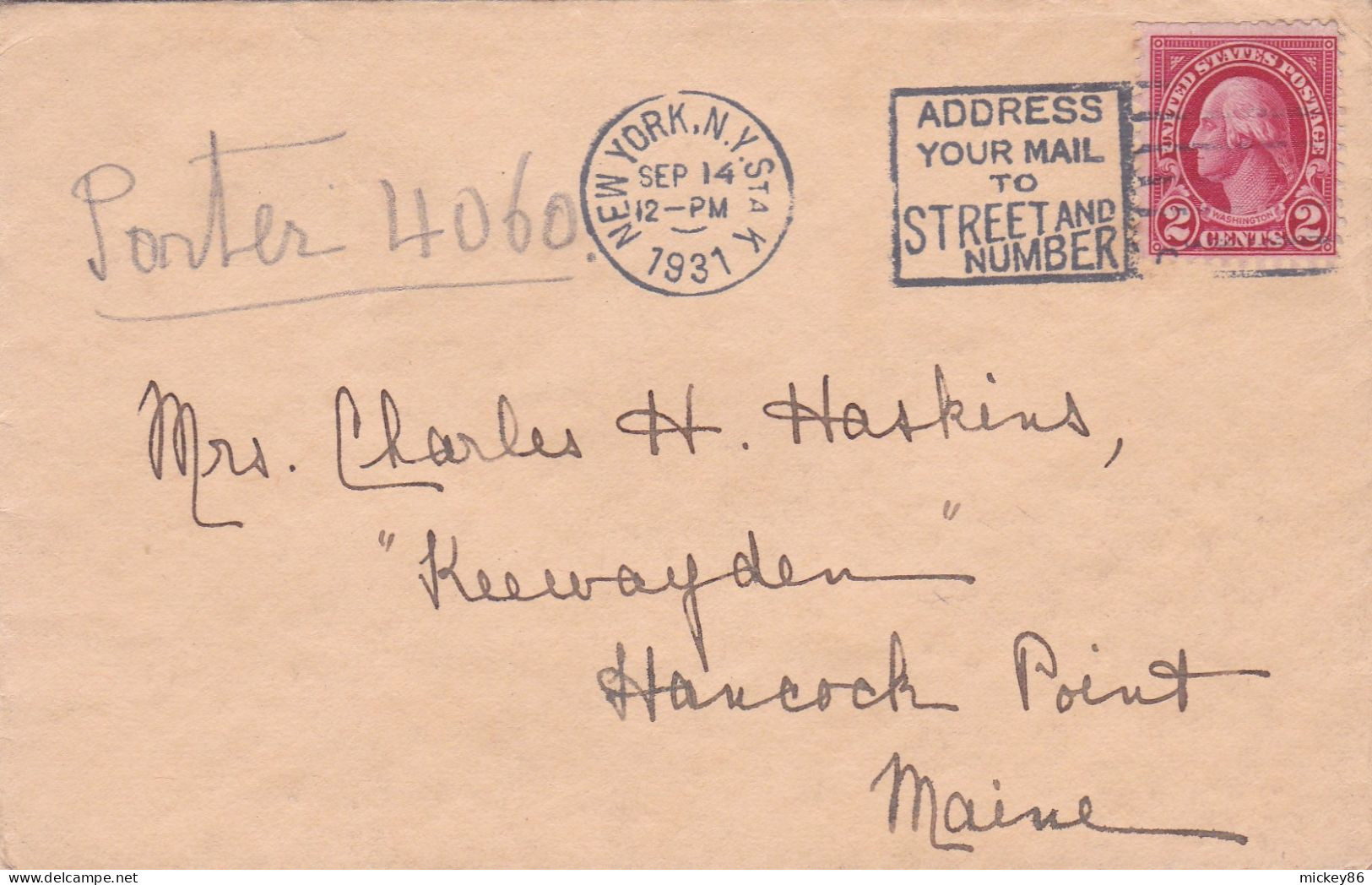 Etats-Unis-1931-lettre NEW YORK (N.Y) Pour HANCOCK POINT ( Maine) .timbre, Cachet Mécanique  14 SEP 1931-- Th ALLEN - Covers & Documents