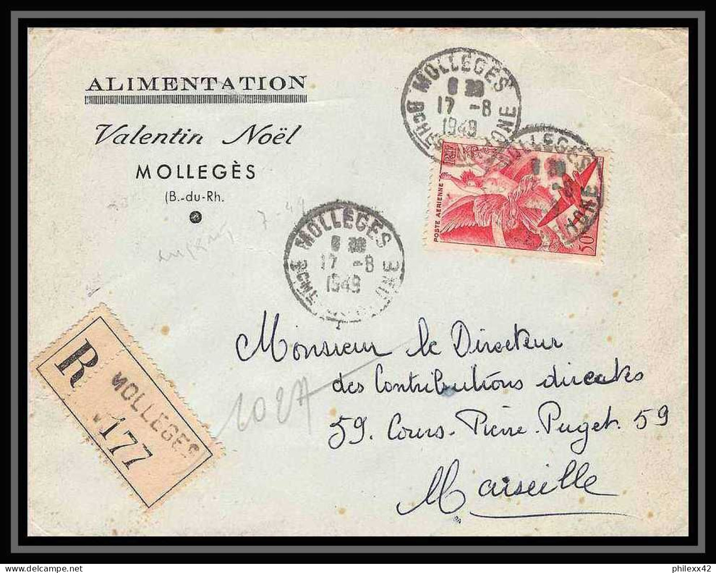 Lettre-112514 Bouches Du Rhone Poste Aerienne Pa N°17 Iris Recommandé Mollégès Pour Marseille 17/8/1949 - 1960-.... Briefe & Dokumente