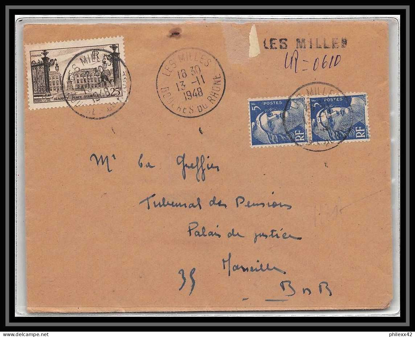 Lettre-112410 Bouches Du Rhone N°777 Nancy Recommandé Provisoire Les Milles Pour Marseille 13/11/1948 - Bolli Provvisori